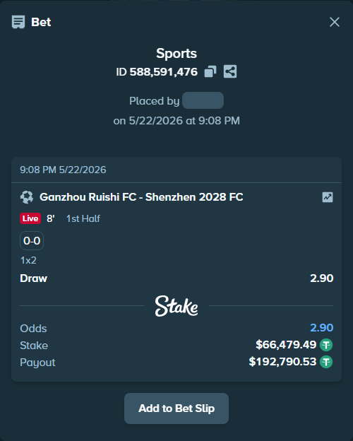 Bet slip: Ganzhou Ruishi FC - Shenzhen 2028 FC, $66,545.97 stake at 2.90 odds, placed by xxxboom