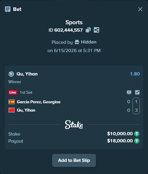 Bet slip: Garcia Perez, Georgina - Qu, Yihan, $10,010.00 stake at 1.80 odds, placed by Hidden