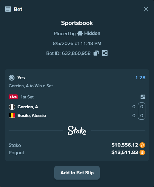 Bet slip: Garcian, A - Basile, Alessio, $10,538.26 stake at 1.28 odds, placed by Hidden