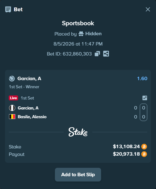 Bet slip: Garcian, A - Basile, Alessio, $13,086.07 stake at 1.60 odds, placed by Hidden