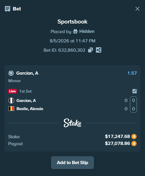 Bet slip: Garcian, A - Basile, Alessio, $17,218.51 stake at 1.57 odds, placed by Hidden