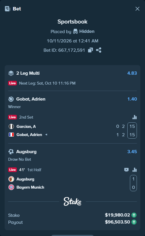 Bet slip: Garcian, A - Gobat, Adrien, $20,000.00 stake at 1.40 odds, placed by Hidden