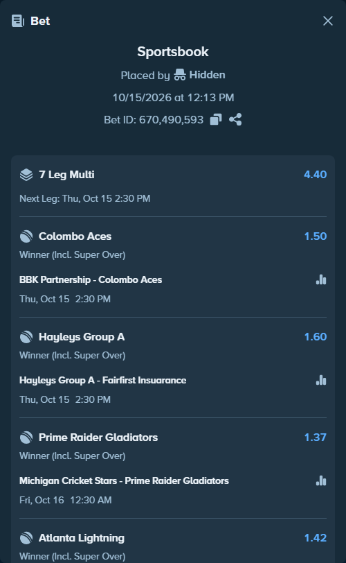 Bet slip: Garden Route Badgers - Warriors, $9,868.18 stake at 1.37 odds, placed by Brahma946