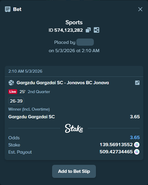 Bet slip: Gargzdai Basketball - BC Jonava, $10,261.12 stake at 3.65 odds, placed by Prettylfacko98