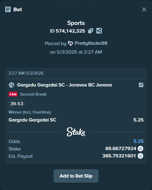 Bet slip: Gargzdai Basketball - BC Jonava, $5,121.94 stake at 5.25 odds, placed by Prettylfacko98