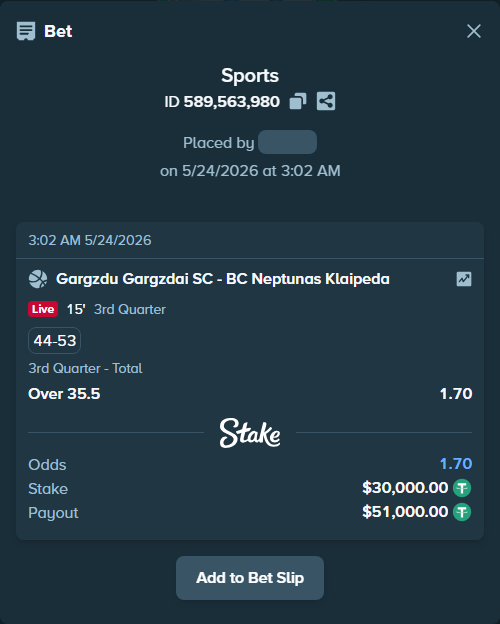 Bet slip: Gargzdai Basketball - BC Neptunas Klaipeda, $30,030.00 stake at 1.70 odds, placed by Kriski99