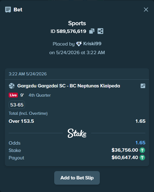 Bet slip: Gargzdai Basketball - BC Neptunas Klaipeda, $36,792.76 stake at 1.65 odds, placed by Kriski99
