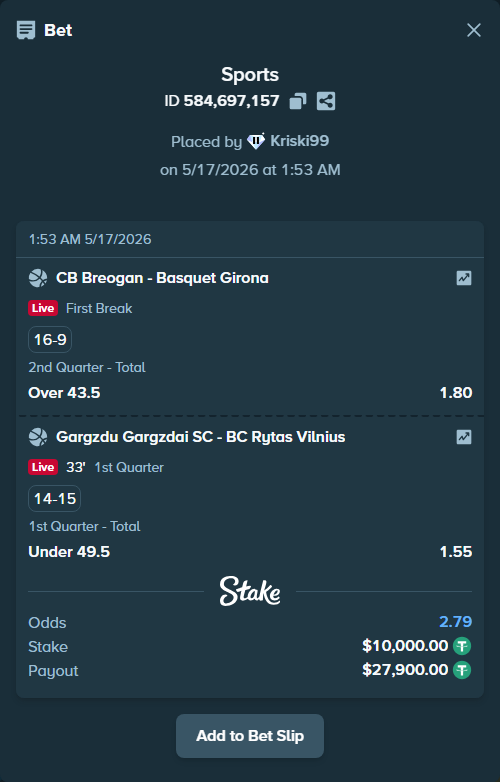 Bet slip: Gargzdai Basketball - BC Rytas Vilnius, $10,010.00 stake at 1.55 odds, placed by Kriski99