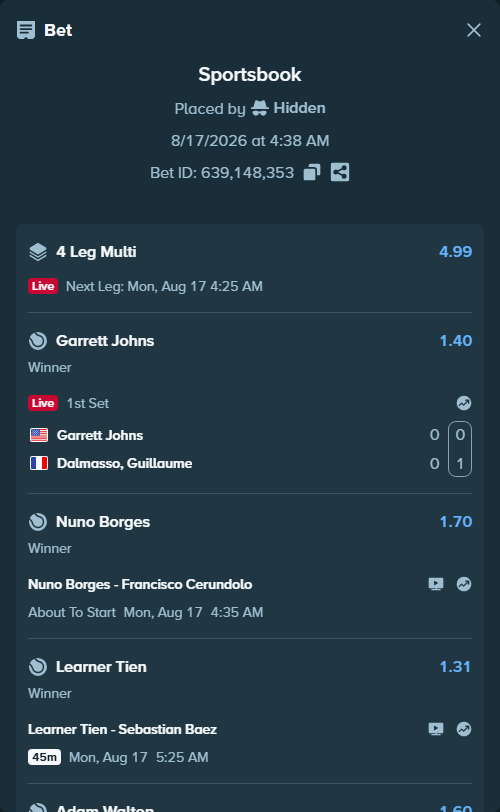 Bet slip: Garrett Johns - Dalmasso, Guillaume, $15,000.00 stake at 1.40 odds, placed by Hidden