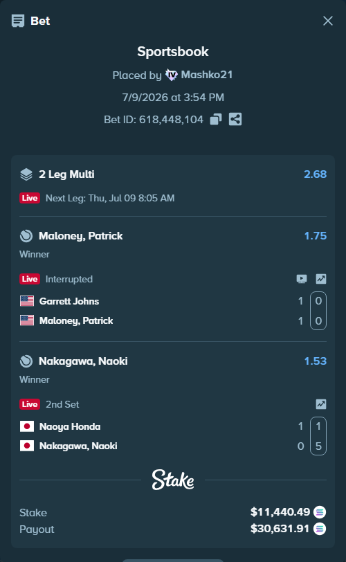 Bet slip: Garrett Johns - Maloney, Patrick, $10,633.35 stake at 1.75 odds, placed by Mashko21