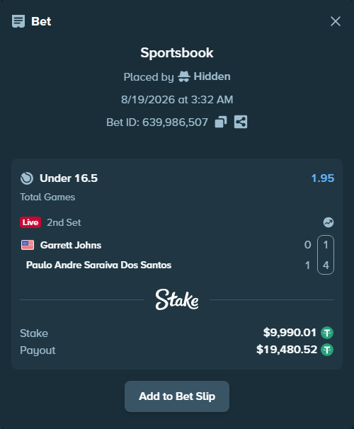 Bet slip: Garrett Johns - Paulo Andre Saraiva Dos Santos, $10,000.00 stake at 1.95 odds, placed by Hidden