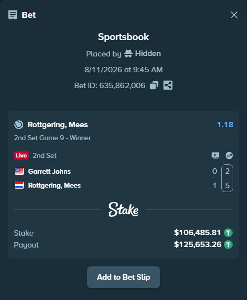 Bet slip: Garrett Johns - Rottgering, Mees, $106,592.30 stake at 1.18 odds, placed by Hidden
