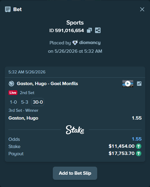Bet slip: Gaston, Hugo - Gael Monfils, $11,454.00 stake at 1.55 odds, placed by diomancy