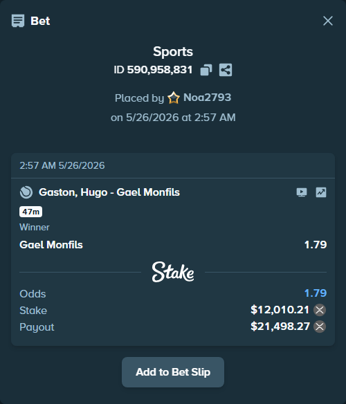 Bet slip: Gaston, Hugo - Gael Monfils, $10,144.72 stake at 1.79 odds, placed by Noa2793