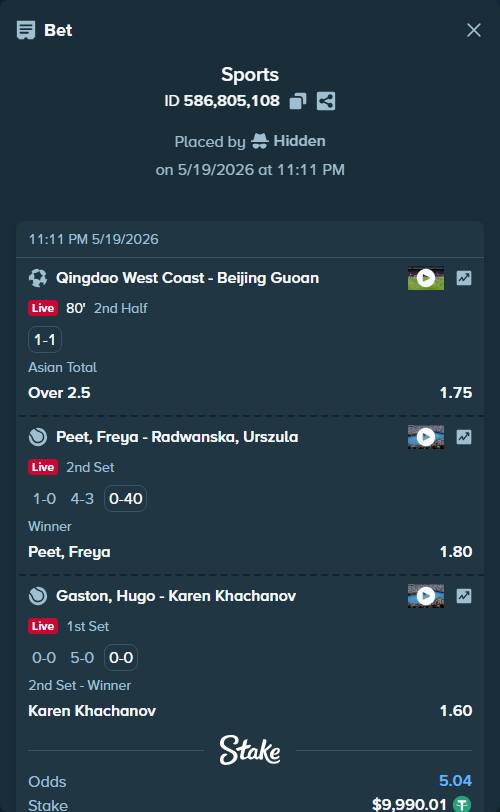 Bet slip: Gaston, Hugo - Karen Khachanov, $10,000.00 stake at 1.60 odds, placed by Hidden