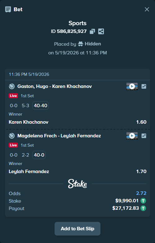 Bet slip: Gaston, Hugo - Karen Khachanov, $10,000.00 stake at 1.60 odds, placed by Hidden