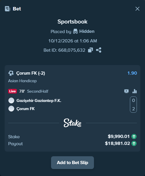 Bet slip: Gaziantep FK - Corum FK, $10,000.00 stake at 1.90 odds, placed by Hidden
