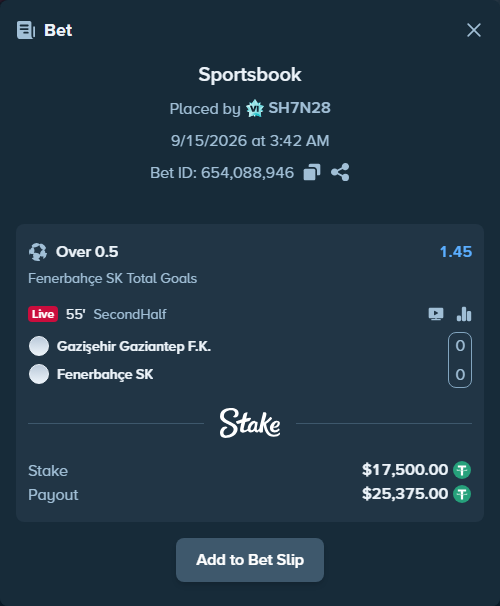 Bet slip: Gaziantep FK - Fenerbahce Istanbul, $17,500.00 stake at 1.45 odds, placed by SH7N28