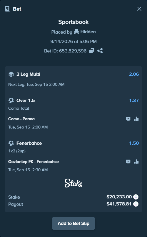 Bet slip: Gaziantep FK - Fenerbahce Istanbul, $19,596.68 stake at 1.50 odds, placed by Hidden