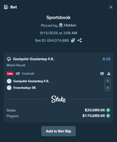 Bet slip: Gaziantep FK - Fenerbahce Istanbul, $20,689.66 stake at 8.25 odds, placed by Hidden