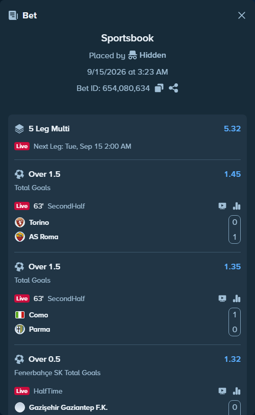 Bet slip: Gaziantep FK - Fenerbahce Istanbul, $50,000.00 stake at 1.32 odds, placed by Hidden