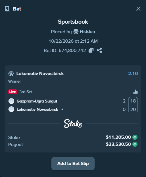 Bet slip: Gazprom-Ugra Surgut - Lokomotiv Novosibirsk, $11,216.20 stake at 2.10 odds, placed by Hidden