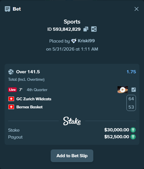 Bet slip: GC Zurich Wildcats - Bernex Basket, $30,030.00 stake at 1.75 odds, placed by Kriski99