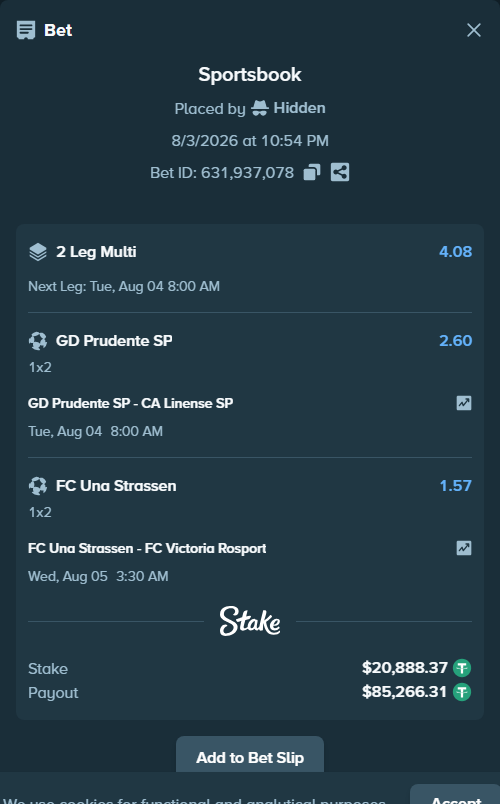 Bet slip: GD Prudente SP - CA Linense SP, $20,909.25 stake at 2.60 odds, placed by Hidden