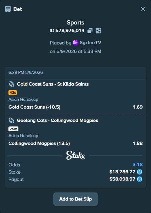 Bet slip: Geelong Cats - Collingwood Magpies, $18,286.22 stake at 1.88 odds, placed by SyztmzTV