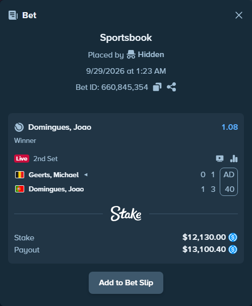 Bet slip: Geerts, Michael - Domingues, Joao, $12,130.00 stake at 1.08 odds, placed by Hidden