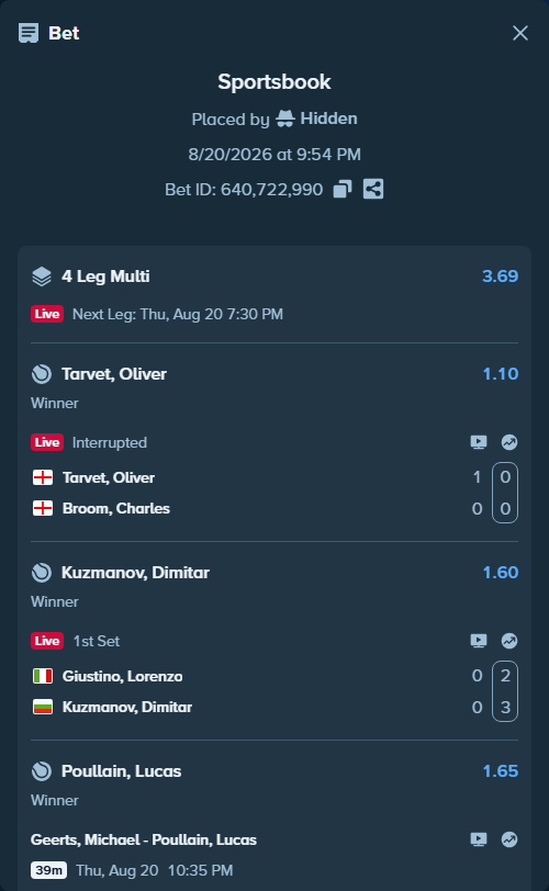 Bet slip: Geerts, Michael - Poullain, Lucas, $10,000.00 stake at 1.65 odds, placed by Hidden