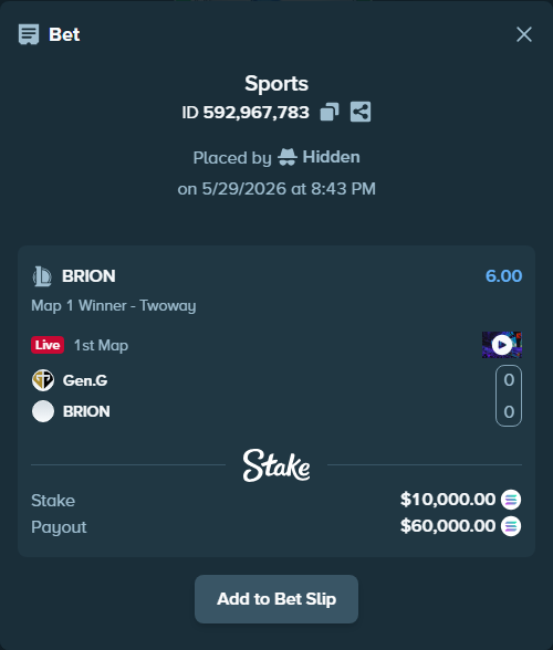 Bet slip: Gen.G - BRION, $8,941.34 stake at 6.00 odds, placed by Hidden
