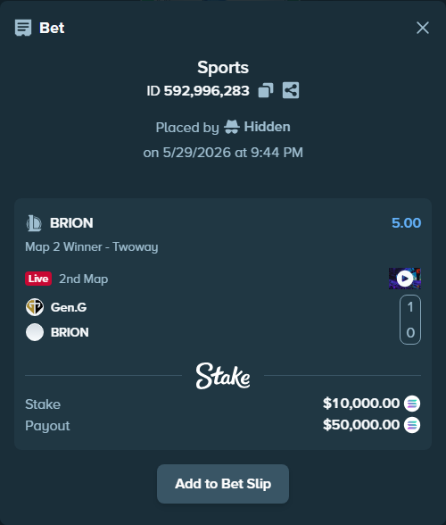 Bet slip: Gen.G - BRION, $9,000.07 stake at 5.00 odds, placed by Hidden