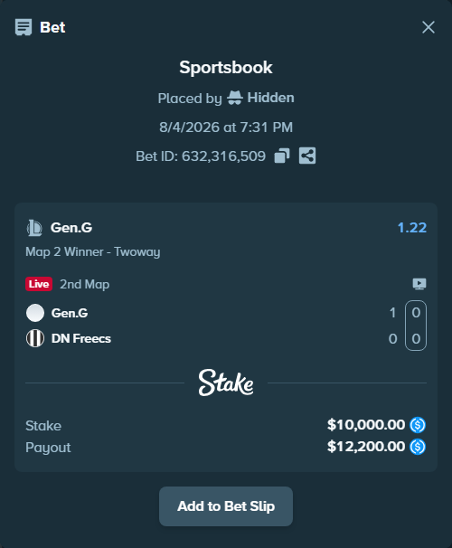 Bet slip: Gen.G - DN SOOPers, $10,000.00 stake at 1.22 odds, placed by Hidden