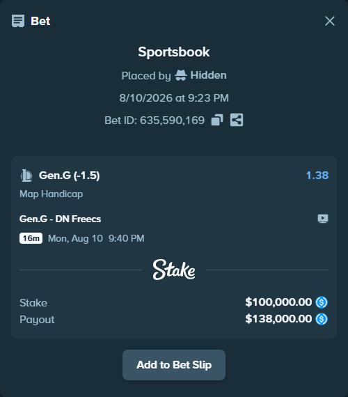 Bet slip: Gen.G - DN SOOPers, $100,000.00 stake at 1.38 odds, placed by Hidden