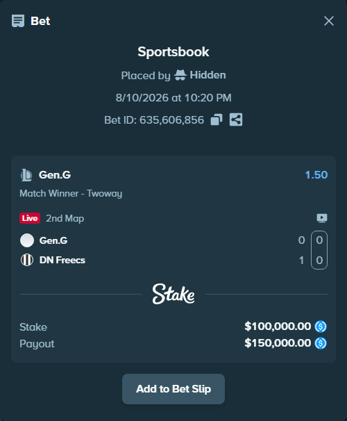 Bet slip: Gen.G - DN SOOPers, $100,000.00 stake at 1.50 odds, placed by Hidden