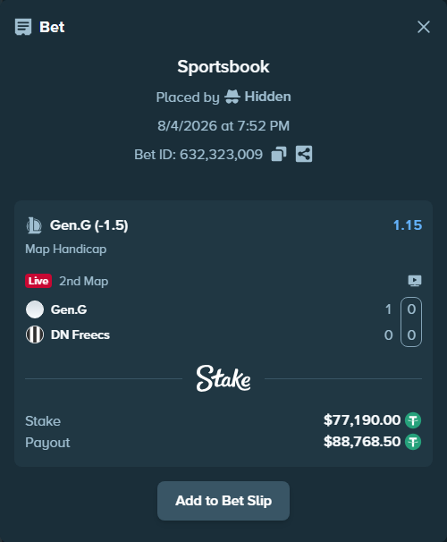 Bet slip: Gen.G - DN SOOPers, $77,267.19 stake at 1.15 odds, placed by Hidden