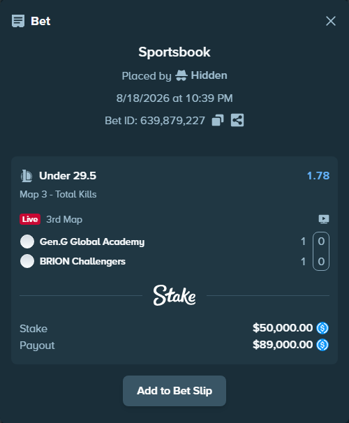 Bet slip: Gen.G Global Academy - BRION Challengers, $50,000.00 stake at 1.78 odds, placed by Hidden