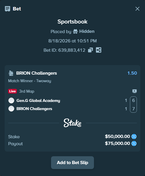 Bet slip: Gen.G Global Academy - BRION Challengers, $50,000.00 stake at 1.50 odds, placed by Hidden