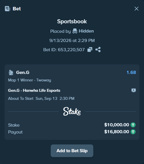Bet slip: Gen.G - Hanwha Life Esports, $10,000.00 stake at 1.68 odds, placed by Hidden