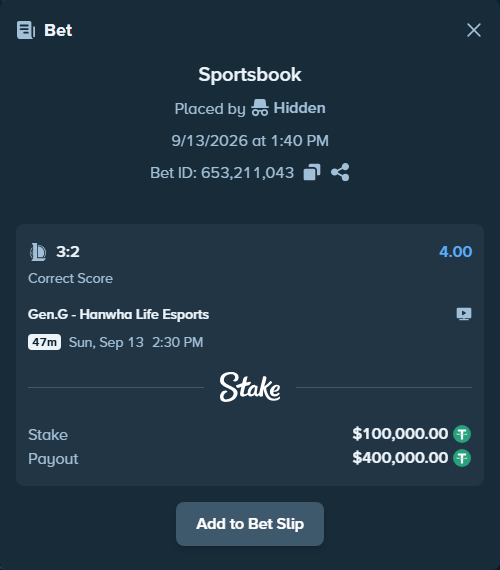 Bet slip: Gen.G - Hanwha Life Esports, $100,000.00 stake at 4.00 odds, placed by Hidden