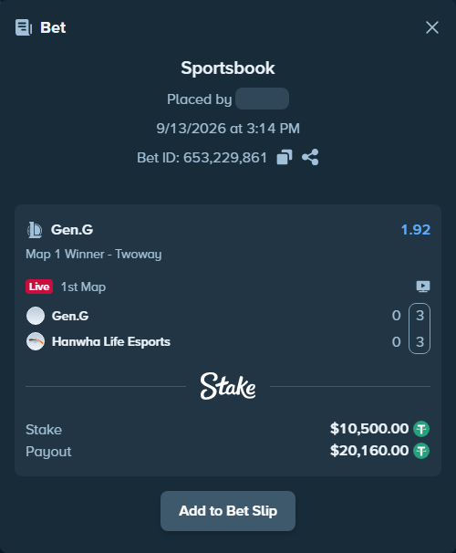 Bet slip: Gen.G - Hanwha Life Esports, $10,500.00 stake at 1.92 odds, placed by haroldfinchh