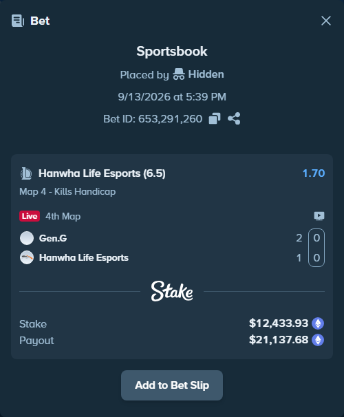 Bet slip: Gen.G - Hanwha Life Esports, $12,293.78 stake at 1.70 odds, placed by Hidden