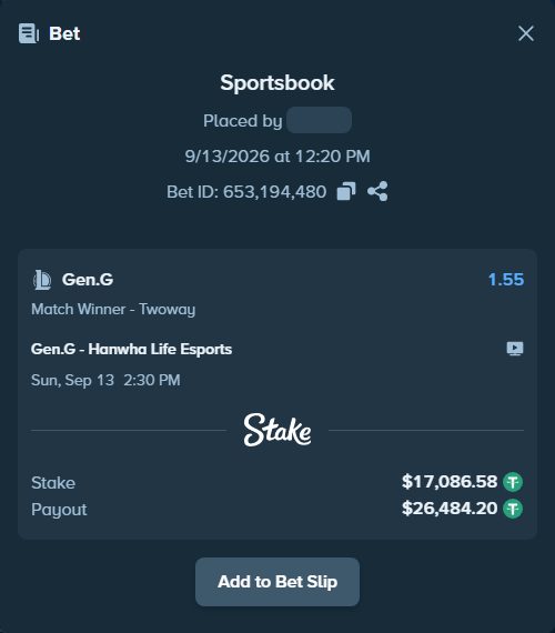 Bet slip: Gen.G - Hanwha Life Esports, $17,086.58 stake at 1.55 odds, placed by siang08