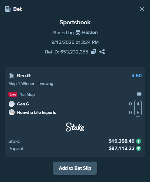 Bet slip: Gen.G - Hanwha Life Esports, $19,358.49 stake at 4.50 odds, placed by Hidden