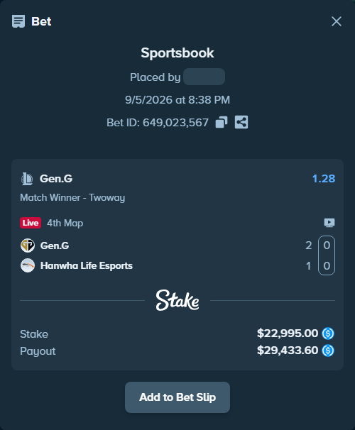 Bet slip: Gen.G - Hanwha Life Esports, $22,995.00 stake at 1.28 odds, placed by Andremila