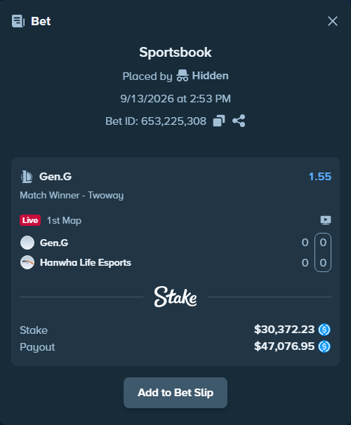 Bet slip: Gen.G - Hanwha Life Esports, $30,372.23 stake at 1.55 odds, placed by Hidden
