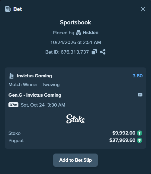 Bet slip: Gen.G - Invictus Gaming, $10,001.99 stake at 3.80 odds, placed by 도다리