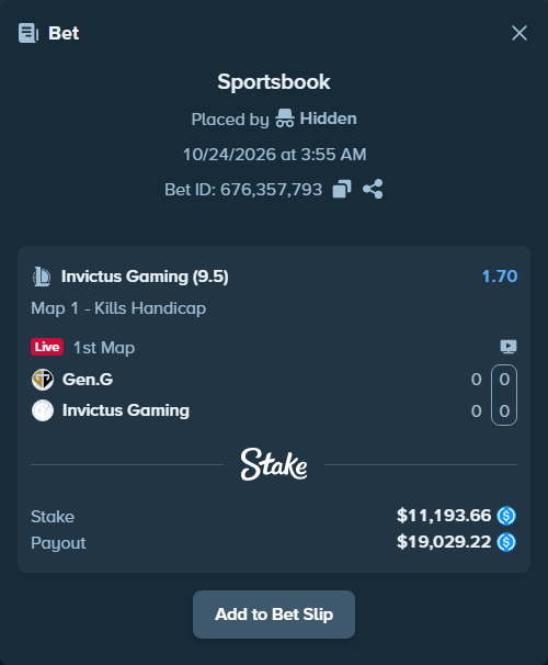 Bet slip: Gen.G - Invictus Gaming, $11,193.66 stake at 1.70 odds, placed by Hidden
