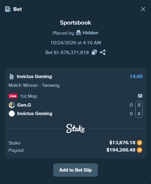 Bet slip: Gen.G - Invictus Gaming, $13,861.26 stake at 14.00 odds, placed by Hidden